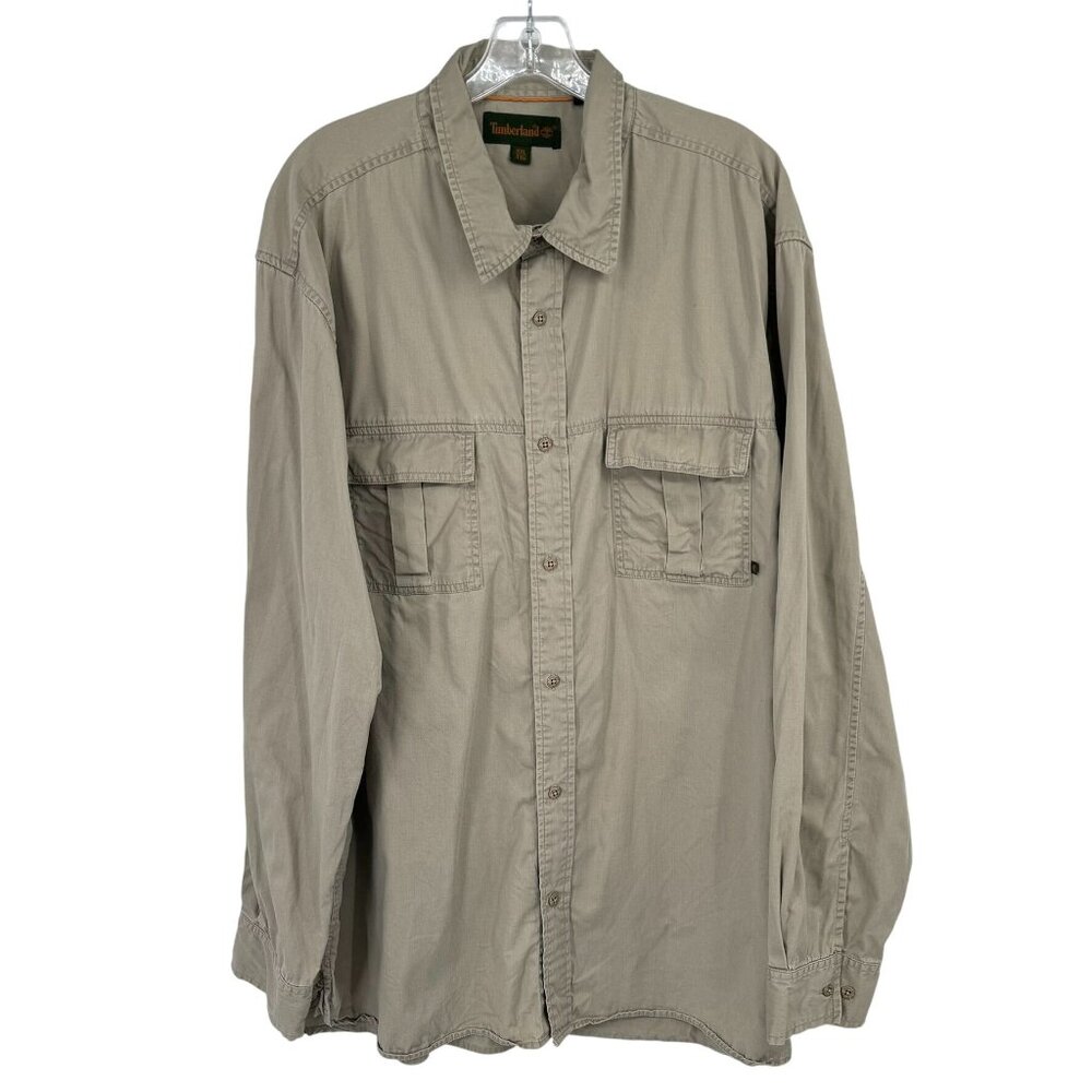 Timberland Mens Button-Down Shirt size XXL Khaki Long Sleeve 100% Cotton Casual